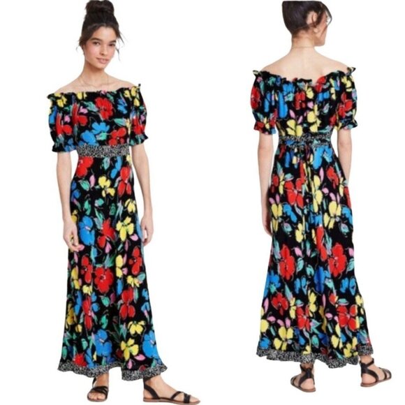 Rixo Dresses & Skirts - Black Floral Off the Shoulder Puff Sleeve Peasant Maxi Dress Rixo for Target